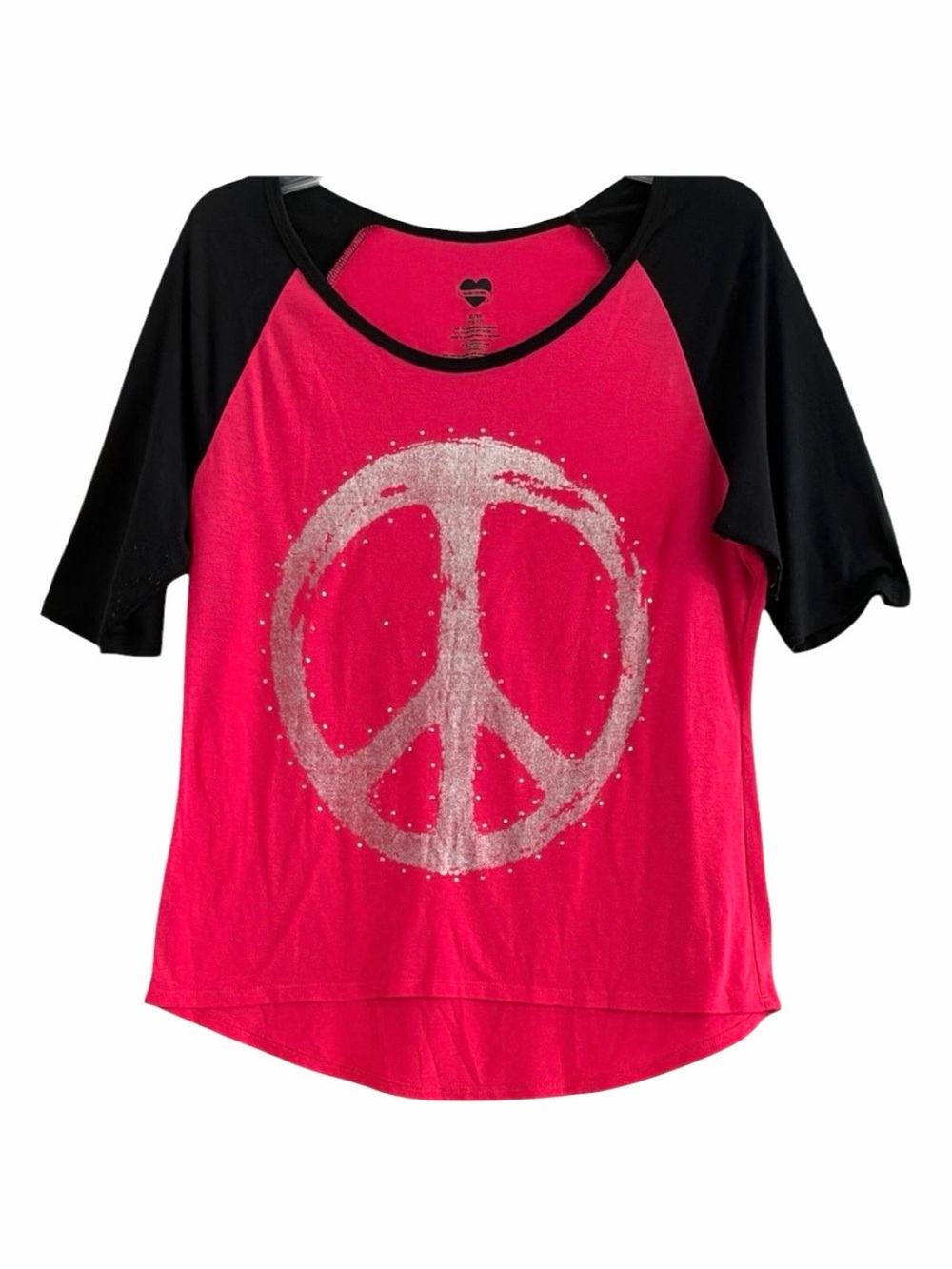 Hard Candy Y2K Pink Black Silver Metallic Peace Sign Rhinestone Tee XL